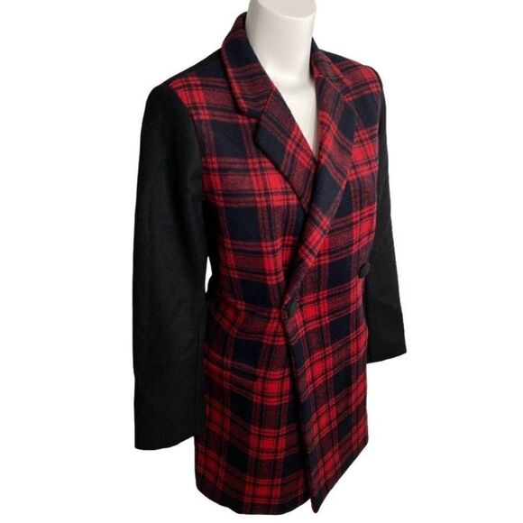 GAP Double-Breasted Peacoat Women's MEDIUM Black Red Buffalo Plaid‎ Pockets NEW - Picture 3 of 9